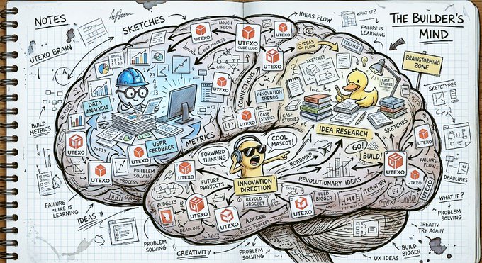 A hand-drawn, doodle-style mind map titled "THE BUILDER'S MIND" illustrates the creative thought process with sections like "SKETCHES," "IDEAS FLOW," "METRICS," and "FORWARD THINKING," featuring repeated "UTEXO" labels scattered throughout. The image visually reinforces the post's message by depicting the brainstorming and innovation behind Utexo's development of fast, privacy-focused Bitcoin stablecoin payments.