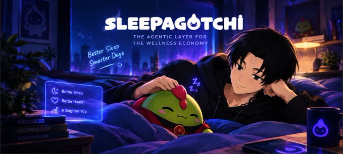 An advertisement for 'SLEEPAGOTCHI - THE AGENTIC LAYER FOR THE WELLNESS ECONOMY' showing an anime-style character with a small green creature, promoting 'Better Sleep, Smarter Days' and 'A Brighter You'.