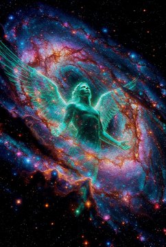A vibrant cosmic illustration featuring a glowing, winged feminine figure surrounded by a swirling galaxy of stars and nebulae in shades of blue, pink, and green.
