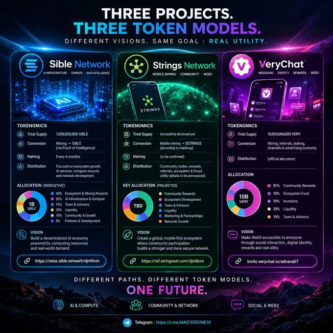 An infographic titled 'THREE PROJECTS. THREE TOKEN MODELS. DIFFERENT VISIONS. SAME GOAL: REAL UTILITY' comparing Sible Network, Strings Network, and VeryChat with their tokenomics, allocations, and visions.
