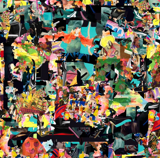 Chaotic, glitchy digital collage composed of fragmented, colorful cartoon-like imagery with no clear focal subject, appearing heavily distorted and pixelated.