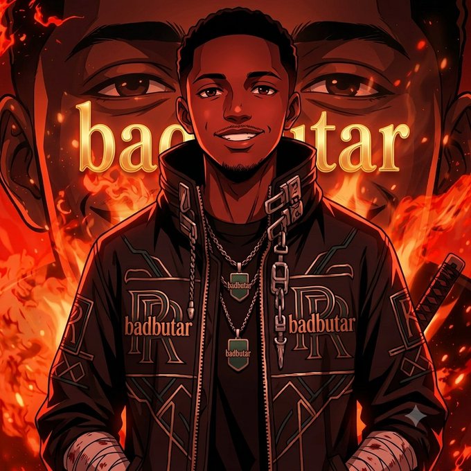 An animated/illustrated portrait of a young man wearing a black jacket with 'badbutar' text and dog tag necklaces, set against a fiery red and orange background with large eyes.