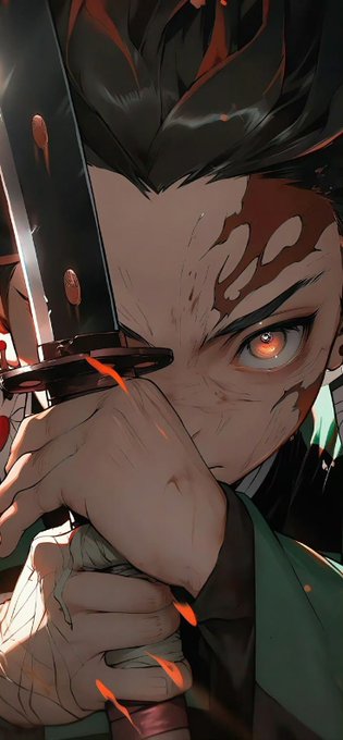 An anime-style illustration of a male character with glowing orange eyes, holding a sword in front of his face, wearing a green outfit with blood splatters visible.