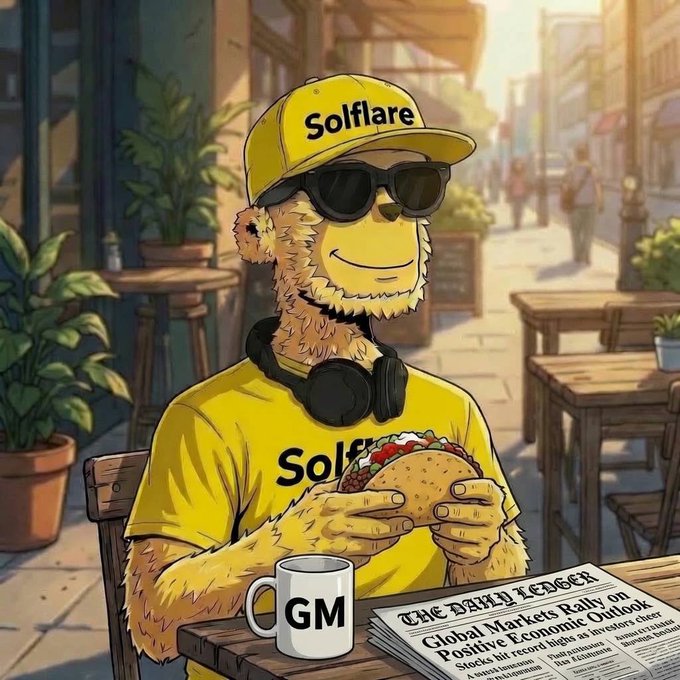 A cartoon illustration shows a yellow anthropomorphic creature wearing sunglasses, headphones, and a yellow 'Solflare' cap and shirt, sitting at an outdoor cafe with a 'GM' mug and reading 'THE DAILY LEDGER' newspaper with a headline about markets rallying on positive economic outlook.