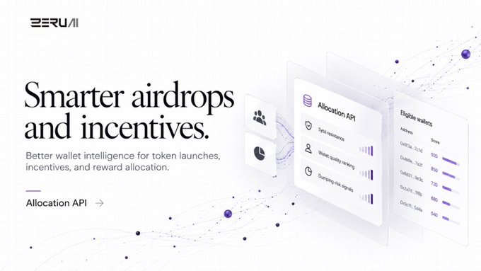 A clean white website graphic labeled “BERUMI” advertises “Smarter airdrops and incentives.” with “Better wallet intelligence for token launches, incentives, and reward allocation,” an “Allocation API” link, and interface panels labeled “Allocation API” and “Eligible wallets.”