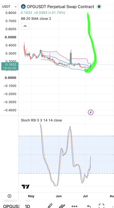 A TradingView chart shows OPG/USDT Perpetual Swap Contract with a BB 20 SMA indicator, displaying a current price of 0.1632 USDT (up 31.74%), with a green hand-drawn annotation circling a recent sharp upward spike — visually supporting the post's bullish "$OPG soon $1" prediction.