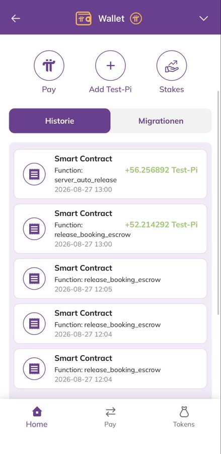 Mobile wallet app screenshot showing a Pi Wallet history tab with multiple Smart Contract transactions including server_auto_release and release_booking_escrow functions, dated 2026-08-27.