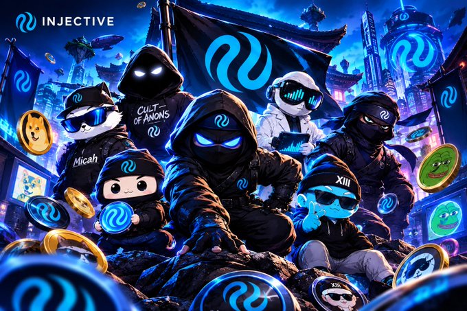 In a neon‑lit cyber‑punk city, the Injective squad—Micah, Cult of Anons, The Quants, Premier Ninjas, Nonja and Lil bro XIII—gather together, each marked by the glowing “W” logo and surrounded by meme‑coin tokens.