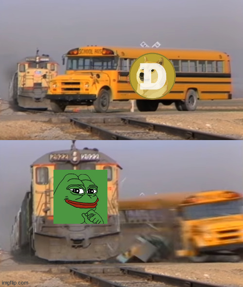 A two-panel meme showing a school bus on train tracks; the top panel has a Dogecoin logo, and the bottom panel shows the train (Playa Yuma) colliding with the bus with a Pepe the Frog 'thinking' image overlaid.