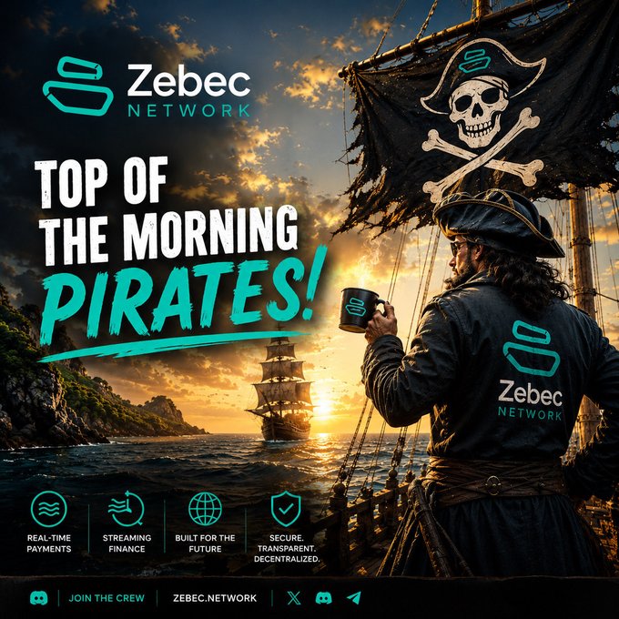The image features a pirate ship sailing through rough waters with a pirate holding a cup of coffee. The pirate's outfit includes a black jacket, hat, and boots. The background shows an ocean scene with a sunset, creating a dramatic atmosphere. The text in the image reads "Top of the Morning Pirates! The tide waits for no one. Stay focused, stay hungry, and keep building. Every day is another opportunity to strengthen the crew, grow the network, and push adoption forward. Money should move as fast as the Internet."