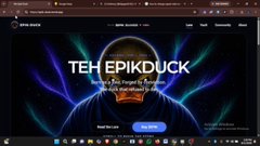 A screenshot of a website homepage displaying 'TEH EPIKDUCK' with neon blue and purple graphics in the background.
