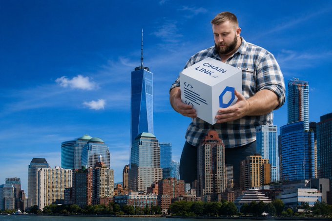 A giant figure of a bearded man towers over the New York City skyline holding a large box labeled "CHAIN LINK," visually emphasizing the monumental significance of the Chainlink ($LINK) cryptocurrency move discussed in the post.