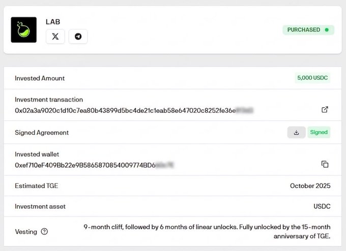 The image displays a screenshot of an email with a text block that explains about an initial investment made for a lab called "LAB". The label suggests that the laboratory was purchased, and there are several payment options available, including signed agreements, cash transactions or cryptocurrency. The image also highlights the time remaining before the lab is supposed to be unlocked, as it's only 9 months away according to the screenshot content. Based on this information, we can infer that investing in LAB might lead to a substantial return if the laboratory operates successfully and achieves its goals over time.