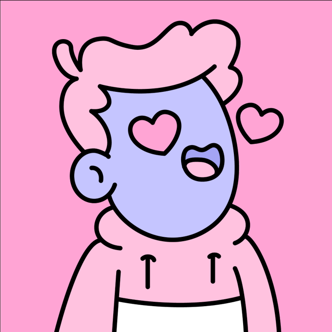 A cartoon illustration of a person with pink hair, blue skin, and heart-shaped eyes against a pink background.