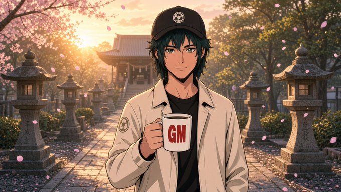 An anime-style illustration of a young man in a cap and beige jacket holding a mug labeled 'GM' in a setting with stone lanterns and cherry blossoms.