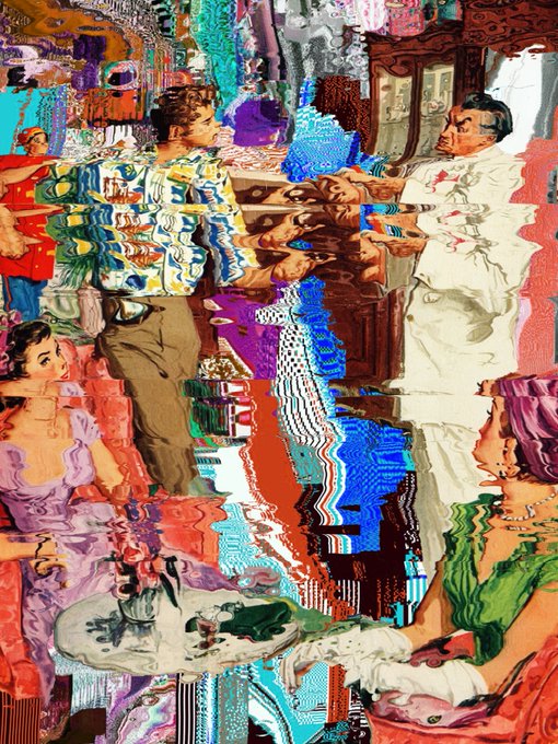 A vibrant, colorful, and abstract collage-style artwork depicts a chaotic social scene with several people in vintage attire interacting around a table.