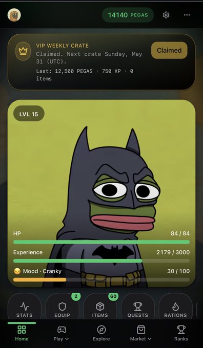 A mobile game interface showing a Level 15 Pepe the Frog dressed as Batman with stats for HP, Experience, and Mood, alongside 14,140 PEGAS tokens.