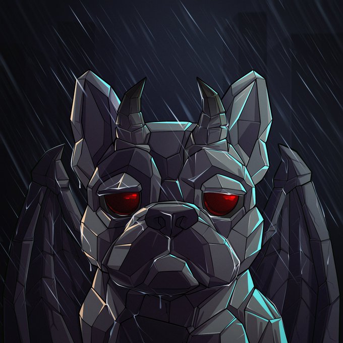 A stylized digital illustration of a stone gargoyle or statue with glowing red eyes, featuring horns and small wings, set against a dark, rainy background.