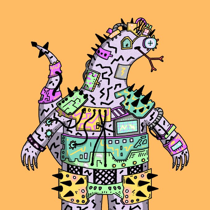 A digital illustration of a stylized, robotic Godzilla-like creature decorated with circuit boards, spikes, and various colorful tech components against an orange background.