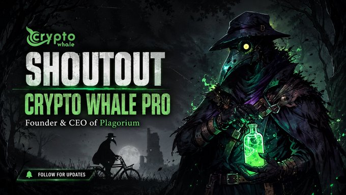 A 'Shoutout Crypto Whale Pro' graphic featuring a cloaked plague doctor holding a glowing green potion in a dark forest setting, promoting a 'Follow for Updates' button.