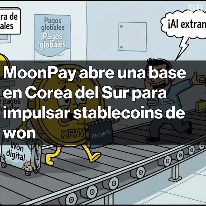 A cartoon image with Spanish text overlay reading "MoonPay abre una base en Corea del Sur para impulsar stablecoins de won" (MoonPay opens a base in South Korea to boost won stablecoins), showing a coin character labeled "KRW" walking on a conveyor belt with a passport and suitcase, while a MoonPay employee welcomes them.