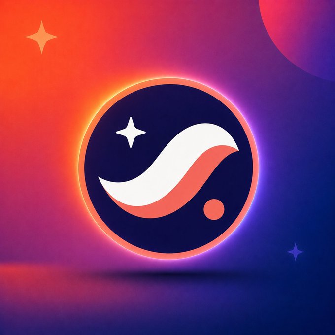 A glowing circular logo featuring a stylized white and orange wave with a small star, set against a vibrant orange-to-purple gradient background with additional star and moon accents, visually reinforces the "Provably powerful." tagline through its cosmic, dynamic design.