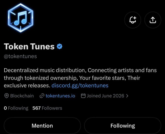 A Twitter/X profile page for 'Token Tunes' (@tokentunes) with 567 followers, describing decentralized music distribution through tokenized ownership, with a link to discord.gg/tokentunes and tokentunes.io.