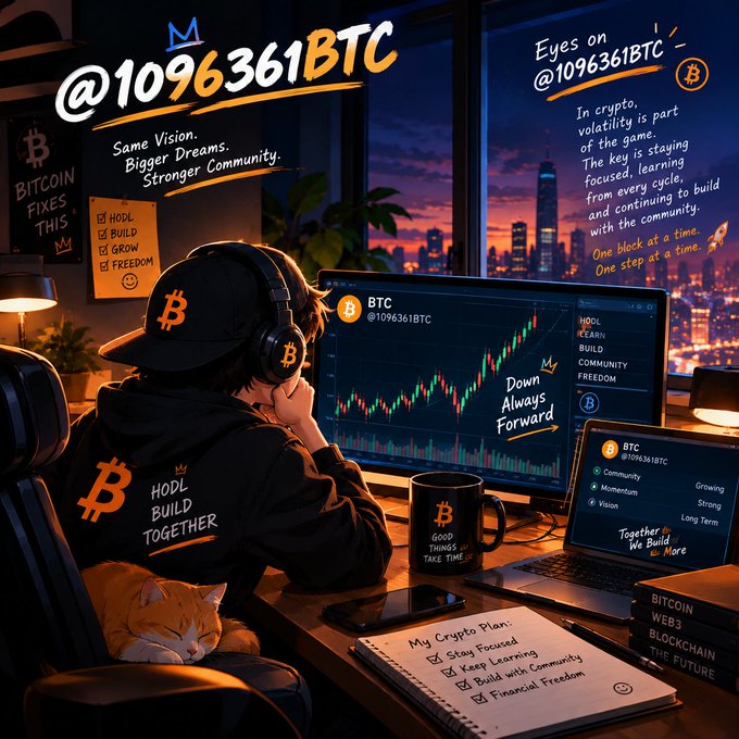 An illustration shows a person wearing a Bitcoin-themed cap and hoodie looking at trading charts, with text '@1096361BTC' and phrases like 'Same Vision. Bigger Dreams. Stronger Community.' and 'Down Always Forward.'