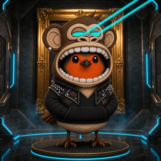 A 3D-rendered, knitted-texture character of an orange bird wearing a black studded leather jacket and a brown monkey hat, with cyan laser beams shooting from the monkey's eyes, standing in an ornate, futuristic room with gold and cyan lighting.