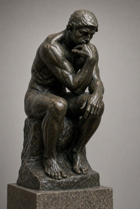 Photograph of a dark bronze sculpture depicting a muscular, contemplative man sitting on a stone block, reminiscent of Rodin's 'The Thinker'.