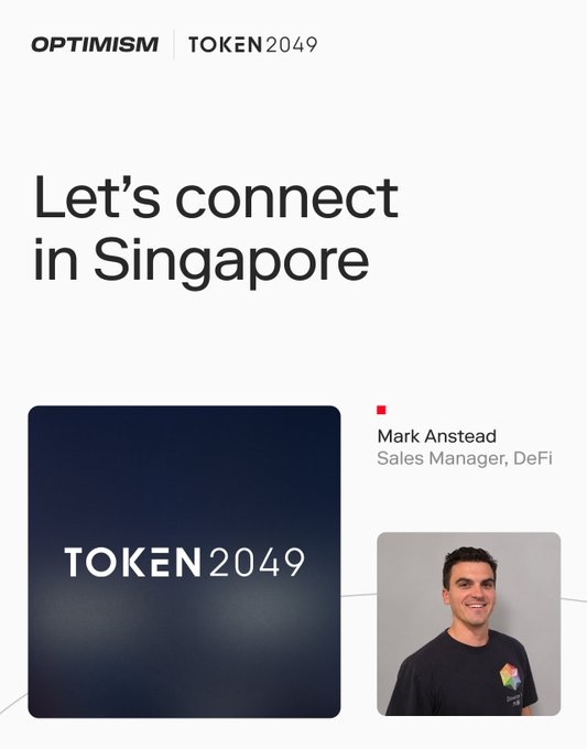 An Optimism promotional graphic for TOKEN2049 featuring the text 'Let's connect in Singapore' alongside a headshot of Mark Anstead, Sales Manager, DeFi.