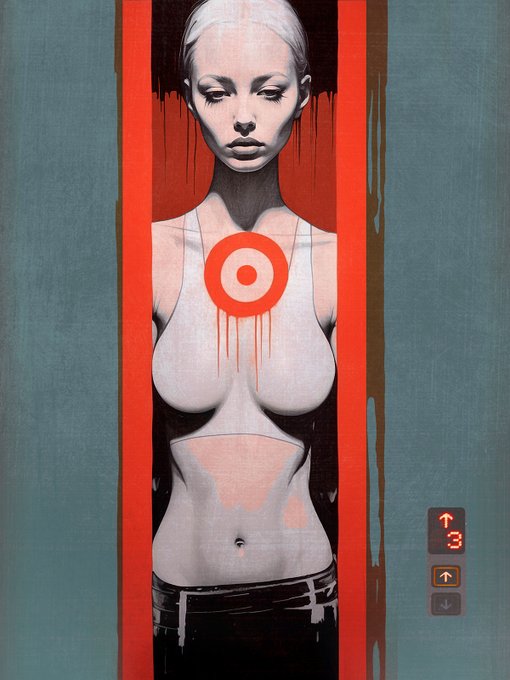 A pale, stylized woman with closed eyes stands within a red-framed elevator shaft, a red target/bullseye centered on her chest with paint-like drips, while a control panel shows the number "3" and up/down arrows — illustrating the post's "Next Floor" concept of uncertainty, where riders don't know if the doors will open.