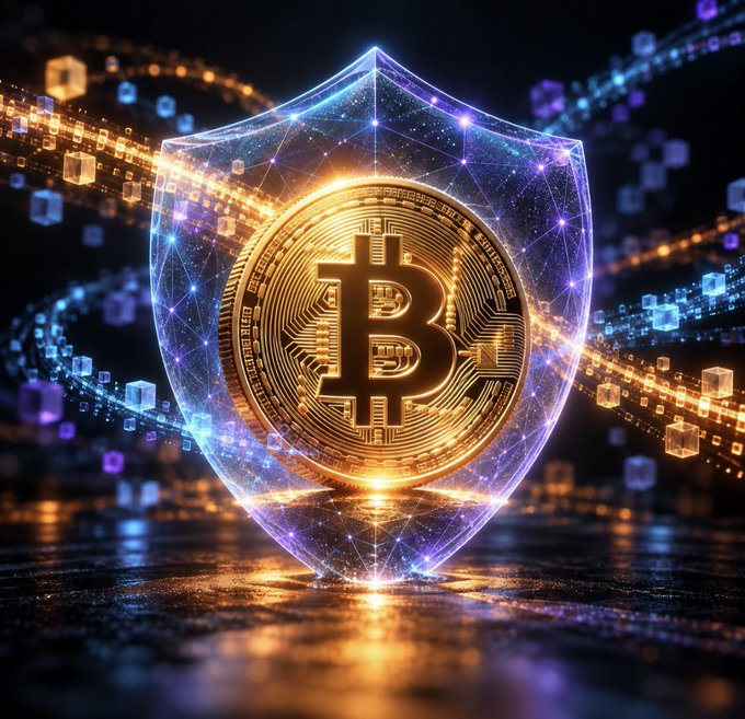 A glowing golden Bitcoin coin is encased within a translucent blue digital shield, surrounded by luminous data streams and floating cubes that symbolize cryptographic protection and blockchain security. This visual reinforces the post's concept of "Shielded Bitcoin," a proposal to use Zcash-style cryptography to obscure transaction details while preserving Bitcoin's core protocol.