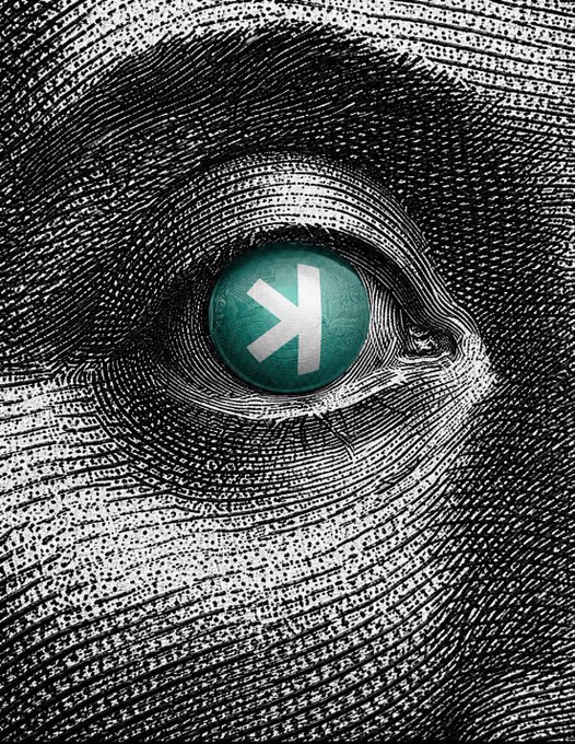 The image features a close-up of an eye with a green "K" symbol, which appears to be a sticker or decal placed over the eye. The background is black and white, providing contrast to the eye and the sticker. The text in the image reads "Life is giving you a second chance to invest in an asset with Bitcoin's potential, and you're wasting it. You only need one hour at your maximum intellectual capacity to understand $KAS." This message seems to be related to Bitcoin or cryptocurrency, as indicated by the green "K" symbol on the eye.