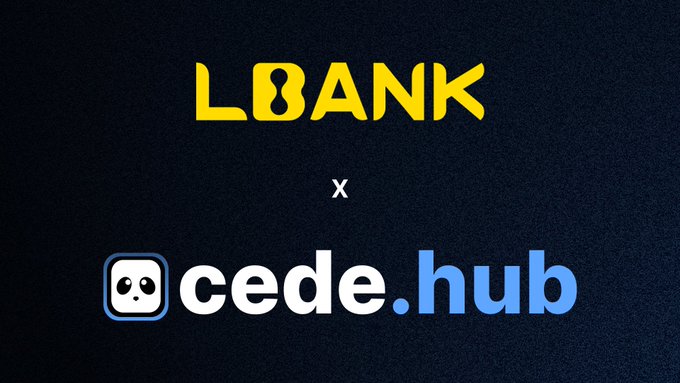 Logo graphic announcing a partnership between LBANK and cede.hub on a dark background.