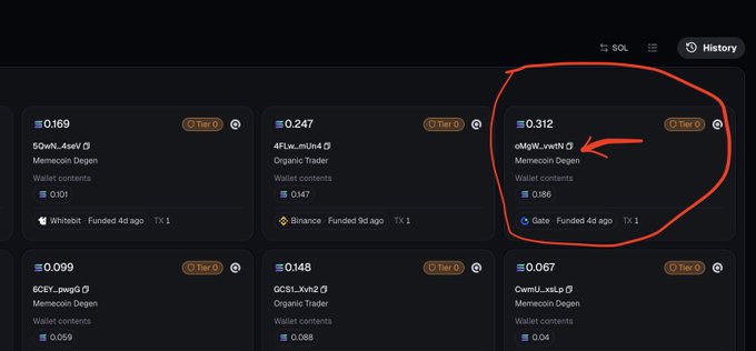 A screenshot of a cryptocurrency marketplace showing wallet listings with 0.312 SOL price for "rMgW...nwh" highlighted by the user, illustrating the post's warning that such listed wallets are scams because sellers retain private keys and can drain any funds deposited after purchase.