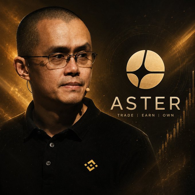 The image features a man wearing glasses, who appears to be an expert or a futurist discussing something related to blockchain technology. The poster or image contains text which says "Aster" at the top and "Trade/Emp/Own" in the bottom right corner. Also, there is a logo for Bitcoin located below the word "Aster". Overall, the image seems to focus on the man's expertise in the field of cryptocurrency, specifically surrounding a new project called Aster which uses blockchain technology as its core. The text and logo emphasize that Aster is at the forefront of tokenomics in DeFi (decentralized finance).