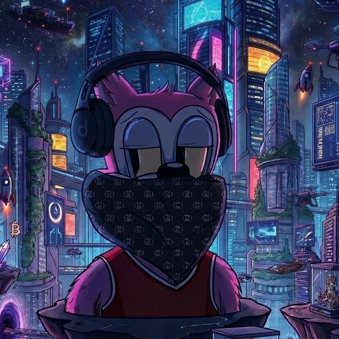 A stylized digital illustration of a pink anthropomorphic character wearing headphones and a Gucci-patterned bandana, set against a futuristic cyberpunk cityscape with neon lights and rockets.