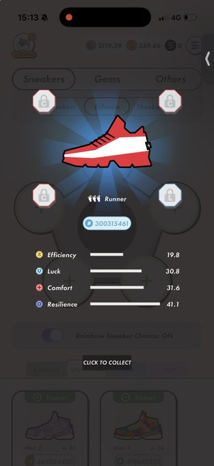 The image shows a phone screen displaying an app called "Stepn" with a red shoe as its main focus, along with other shoes available for selection. The app allows users to choose their preferred sneakers from a variety of options displayed on the screen.