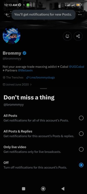 A mobile screenshot of an X (formerly Twitter) profile for 'Brommy' (@brommyyy), showing the option to turn off notifications for new posts, with the 'Off' setting selected.