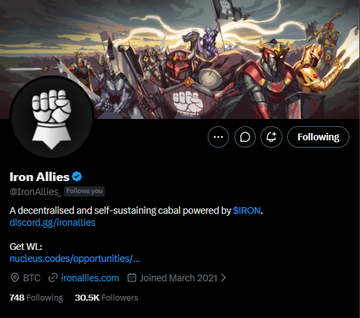A Twitter/X profile page for 'Iron Allies' (@IronAllies), described as 'A decentralised and self-sustaining cabal powered by $IRON' with a link to discord.gg/ironallies, featuring 30.5K Followers and joined March 2021.