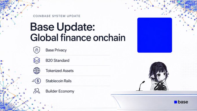 The image features a white background with blue text that reads "Base Update: Global Finance Onchain". Below this, there are three bullet points explaining the update. One of these points mentions that the update focuses on "base privacy through base ledgers" and "B20 Standard". The image also includes a small cartoon character of a person sitting at a desk with a microphone in front of them.