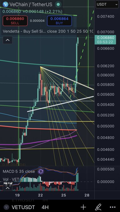 A TradingView 4H chart of VeChain/TetherUS (VETUSDT) showing a bullish breakout with a Gann fan fan analysis, displaying SELL at 0.006860 and BUY at 0.006864, with a 'Vendetta - Buy Sell Si... close 200 1 50 25 50 10' label and MACD/Volume indicators below.