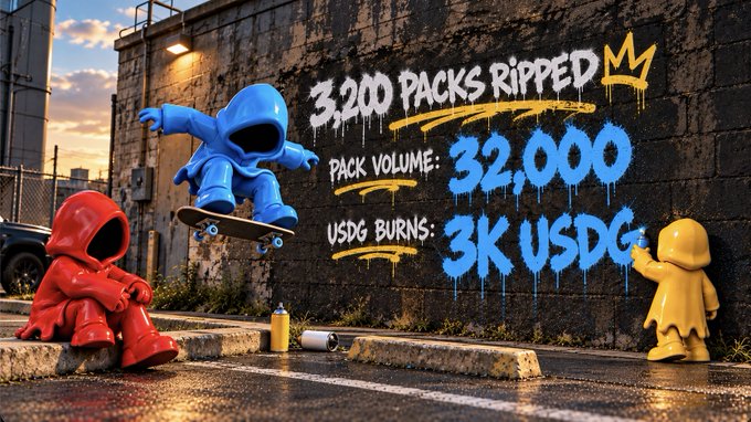 Colorful graffiti mural on a brick wall advertising '3,200 PACKS RIPPED, PACK VOLUME: 32,000, USDG BURNS: 3K USDG,' featuring 3D-style blue, red, and yellow hooded character figures with a spray paint can.