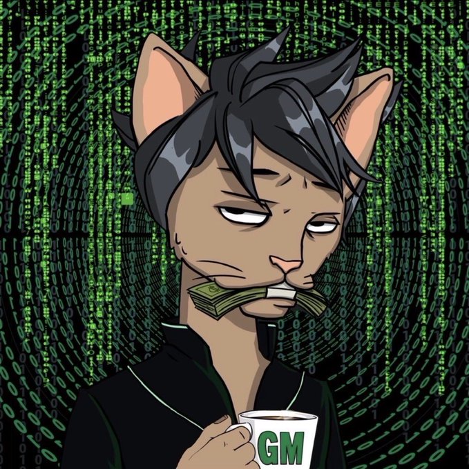 An anthropomorphic cat with a smirk holds a wad of cash in its mouth while sipping from a mug labeled "GM," set against a backdrop of green digital code reminiscent of The Matrix—capturing the "GM GM" crypto greeting as a laid-back, money-focused vibe.