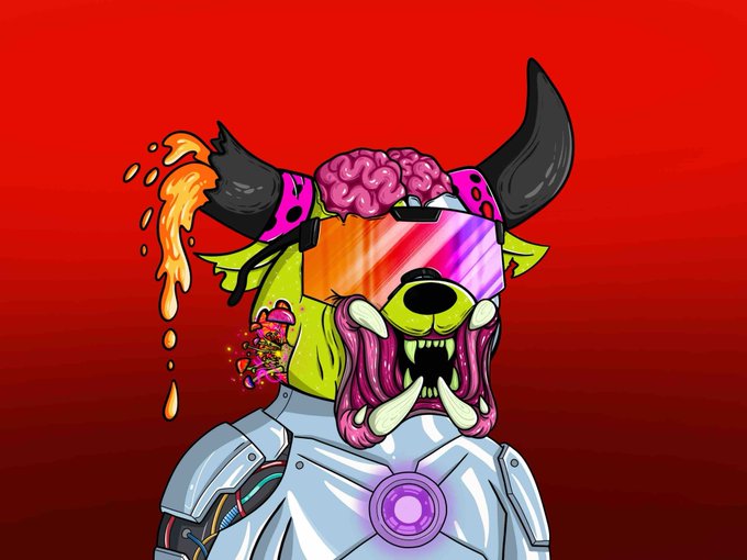 The image features a cartoon character with horns, wearing a white suit that has a purple emblem on the chest area. The character appears to be a robot or machine-like creature with a face painted on its head. The background of the image is red, which contrasts with the white suit and purple emblem. There are also some text elements in the image, including "GM & Happy Mutant Monday SolOnChain" and "The Mutant BullBears are sounding the alarm We want ALL communities joining in!".