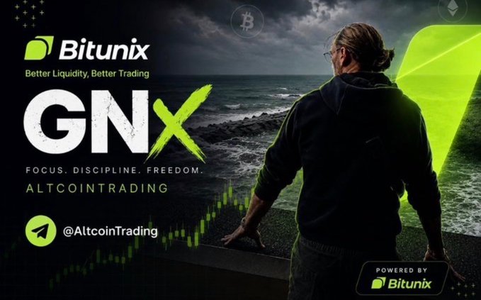 The image is a promotional banner for Bitunix's "GNX" altcoin trading series, featuring the tagline "Focus. Discipline. Freedom." and the Bitunix logo, along with a Telegram handle "@AltcoinTrading." It shows a man gazing out at a stormy ocean with a green trading chart overlay, visually reinforcing the post's message of patience and disciplined trading—suggesting traders should wait for the right "clean setup" amid market volatility rather than chasing every move.