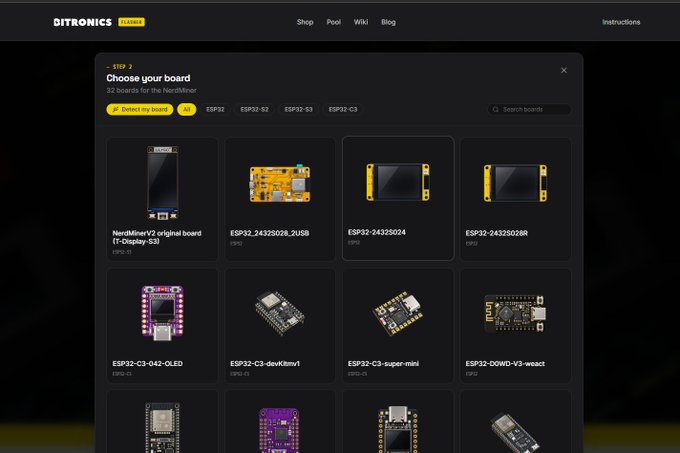 A Bitronics Store webpage displays a board selection menu titled "Choose your board" with 32 boards listed for the NerdiMiner, including options like "NerdMiner v2 original board (T-Display-S3)," "ESP32_2432S028R," and "ESP32-C3-devKitM1," showcasing the variety of ESP32-based mining hardware available. The image relates to the announcement of new products being developed at the Bitronics Store.