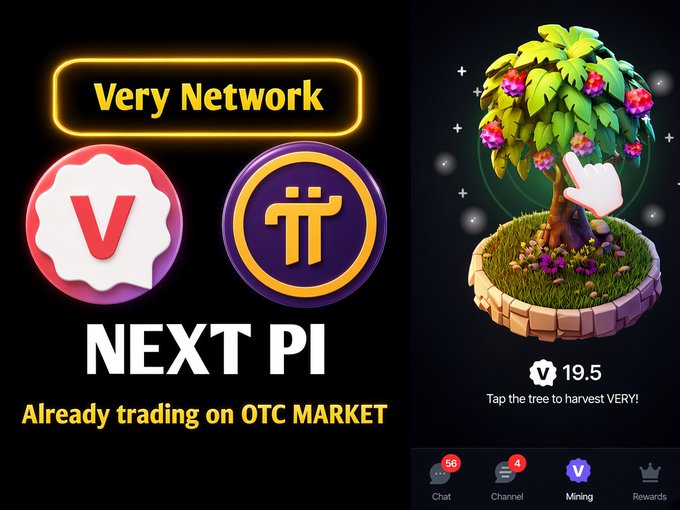 A promotional graphic for 'Very Network' and 'NEXT PI' displayed 'Already trading on OTC MARKET,' alongside an image of a virtual tree where users 'Tap the tree to harvest VERY!' showing 19.5 tokens.