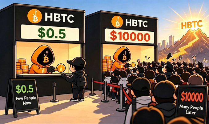 A cartoon illustration depicting a cryptocurrency exchange concept for HBTC, contrasting "$0.5 Few People Now" at an empty booth with "$10000 Many People Later" at a crowded one.